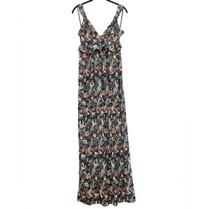 French Connection Black Silk Floral and Bird Maxi Dress